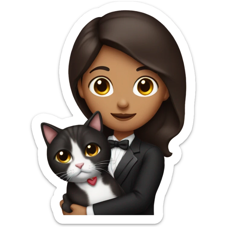 dark brown hair girl holding a longhair tuxedo cat sticker