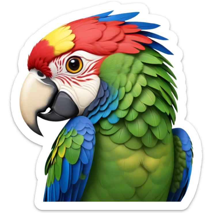 Cinematic Realistic Noble Macaw Portrait Emoji, Poised and majestic, with a robust, vibrant build and meticulously detailed plumage in scarlet, deep blue, and touches of gold, a strong, curved beak and piercing, intelligent eyes, rendered with lifelike feather texture and natural lighting, high shine, commanding and regal, styled with an air of tropical authority, focused and attentive, soft glowing outline, capturing the essence of a watchful and confident macaw that appears ready to soar out of the screen with effortless splendor! sticker