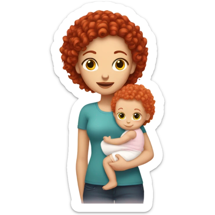 White Female with red curly hair holding bald baby girl sticker