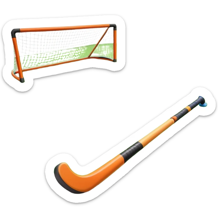 Hockey on grass. A field hockey stick and ball resting on a well-maintained grass field, with the goalposts and markings visible in the background. The scene highlights the precision and focus of the sport, with the vibrant green pitch creating a dynamic atmosphere. sticker