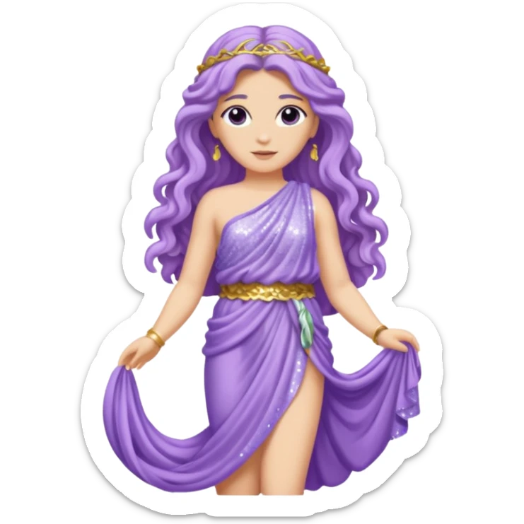 Aphrodite from Roman Deities with long lavender wavy hair, lavender sequin toga sticker