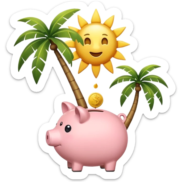 A simple emoji-style icon: A piggy bank with a coin dropping into it, next to a small palm tree and sun, symbolizing saving today for retirement tomorrow. Minimalist, clean design, consistent with emoji aesthetics. sticker