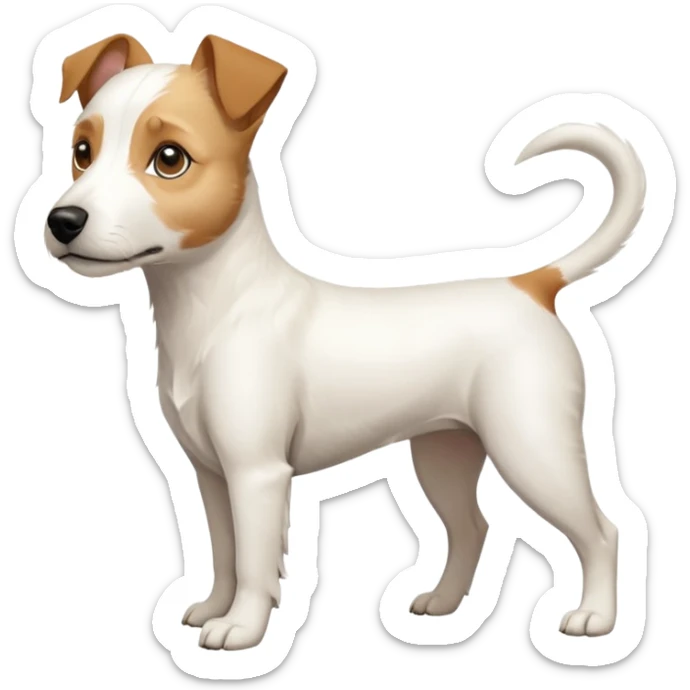 a full body buff white parson russell terrier looking dog the size of a kelpie with light brown long ears and a light brown patch on one eye and a large snout. the rest of the dog is completely white. forward facing sticker