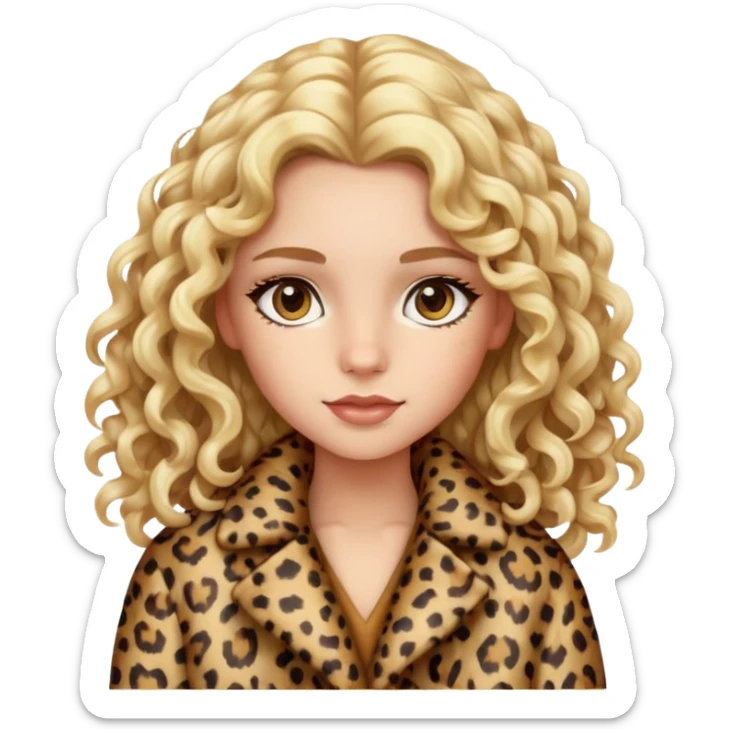 Blonde girl with long curly hair and hazel eyes in leopard print coat  sticker