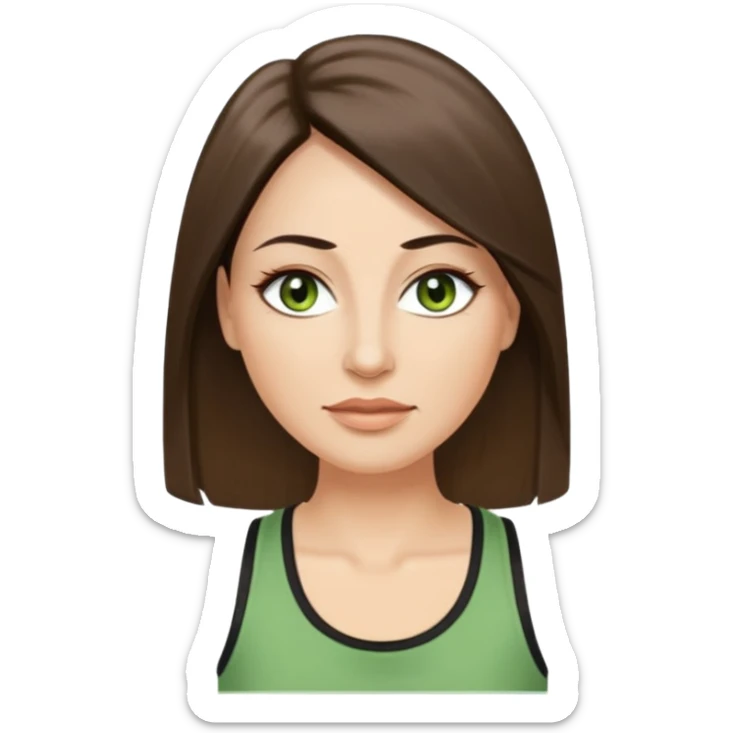 43 year old Adult woman avatar, light skin tone, long, oval face, long straight ashy brown hair, green almond-shaped eyes with dramatic eyelashes and minimal eyeliner, neutral mouth, medium straight eyebrows, average nose, smooth skin, high-neck tank top  sticker