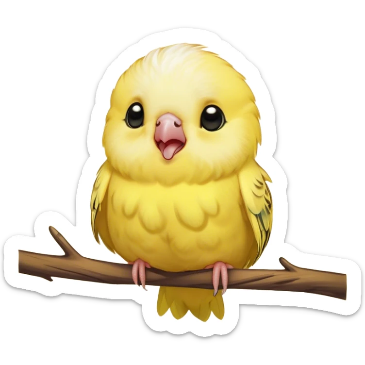 Cinematic Cute Yawning Yellow Budgie Portrait Emoji, Head tilted slightly with a dramatic, wide-open yawn, showcasing a soft, downy yellow feathered fur with gently drooping wings, round dark eyes barely open in drowsy contentment, Simplified yet irresistibly adorable features, highly detailed, glowing with a soft, cozy glow, high shine, relaxed yet expressive, stylized with a touch of whimsy, bright and endearing, soft glowing outline, capturing the essence of a sleepy yet affectionate budgie, so drowsy it feels like it could stretch out of the screen and curl up for a nap! sticker