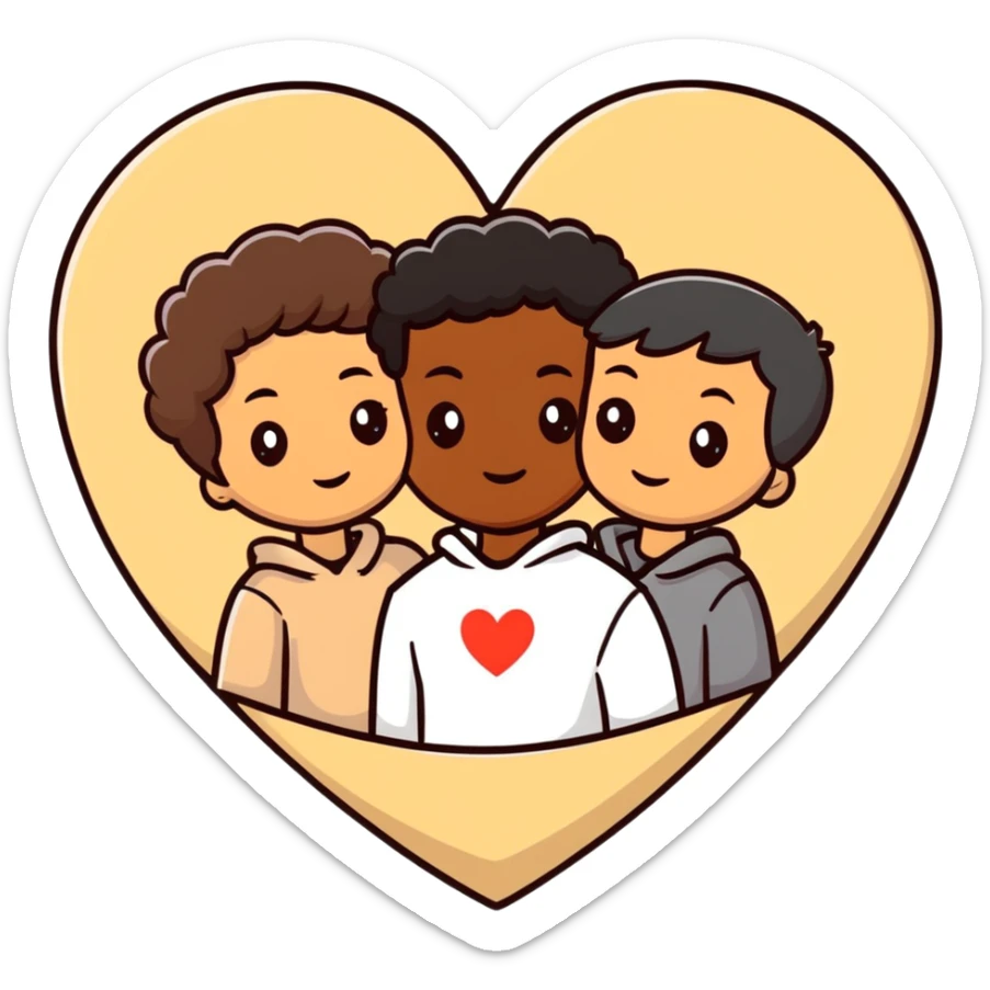 A couple with dark brown hair and mixed skin tone inside a white heart, wearing beige clothes sticker