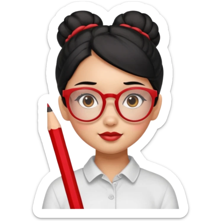 Morena girl with black hair that's in a bun style, with a pencil holding the bun in place. she has a cute rectangular red glasses sticker