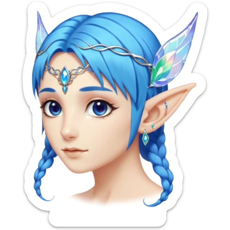 portrait of blue haired Elvish fae shiny sparkly iridescent translucent diaphanous ear climber ear cuff sticker