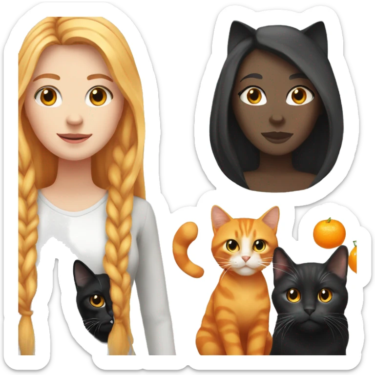 One white Girl long hair with one orange cat and one black and white Cat  sticker
