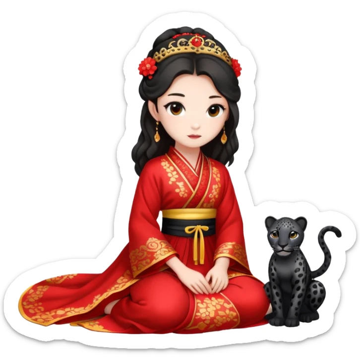 A beautiful girl in red Hanfu wedding dress sits on the ground holding a black leopard sticker