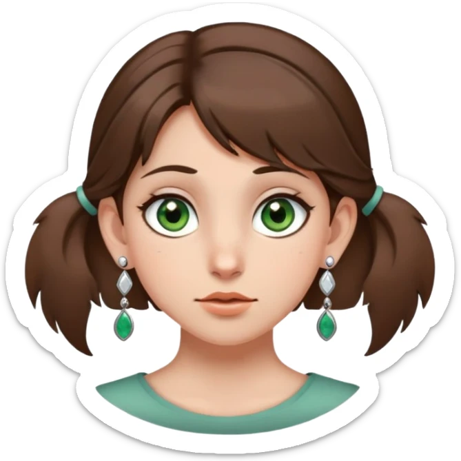 girl with gray-green eyes, brown hair, five earrings on one ear, two on the other, mole on cheek, expressive emotion sticker