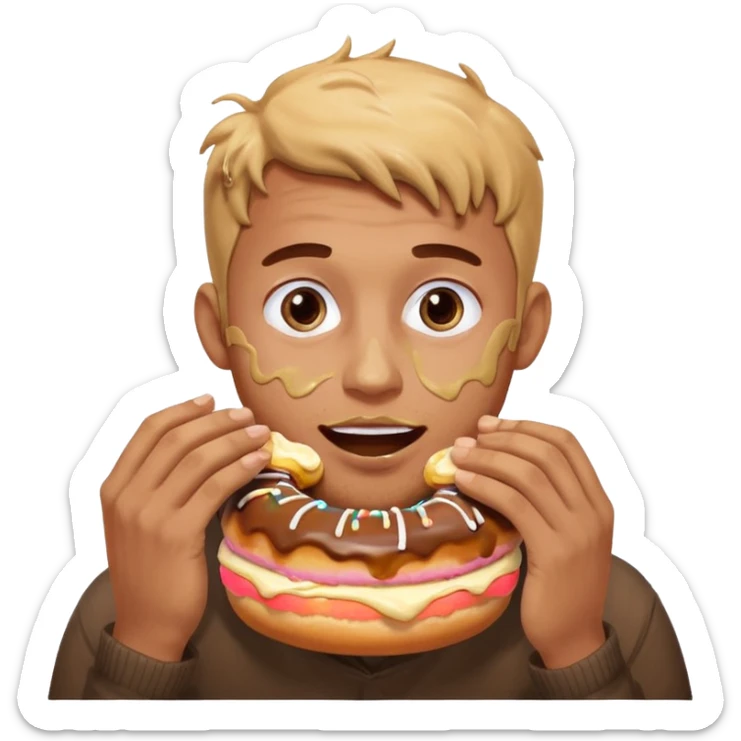 A man messily eating a filled donut, the donut is filled with Boston cream and it’s making a mess everywhere sticker