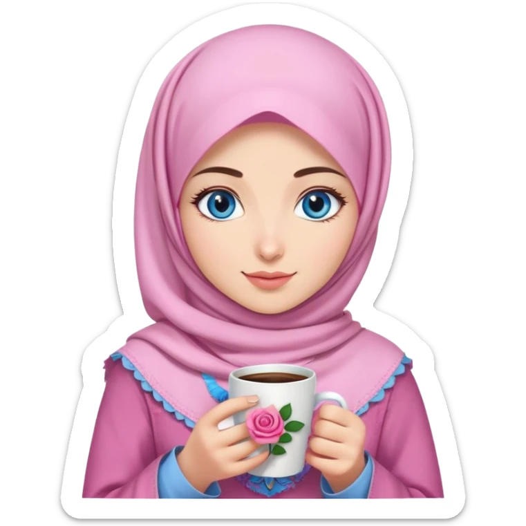 Turkish beautiful finish Konya girl blue eyes with pink and light purple denim hijab islamic dress and had on her hand Rose coffee   sticker