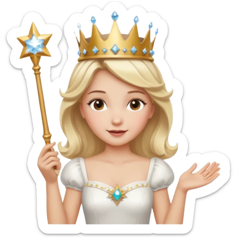 dorothy queen blonde hair, white dress with magic wand, rounded sparcle, and crown on head. sticker