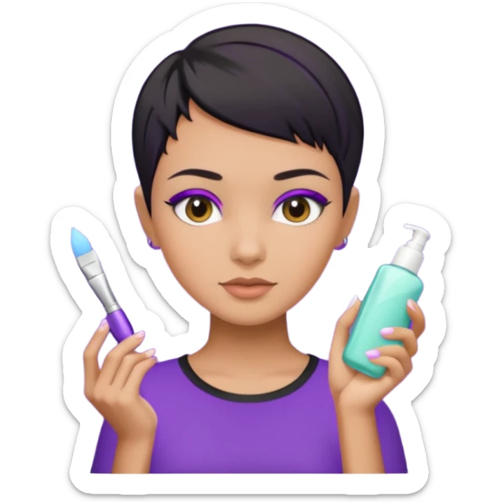 tan girl purple shirt with black hair & a pixie, doing her skin care sticker
