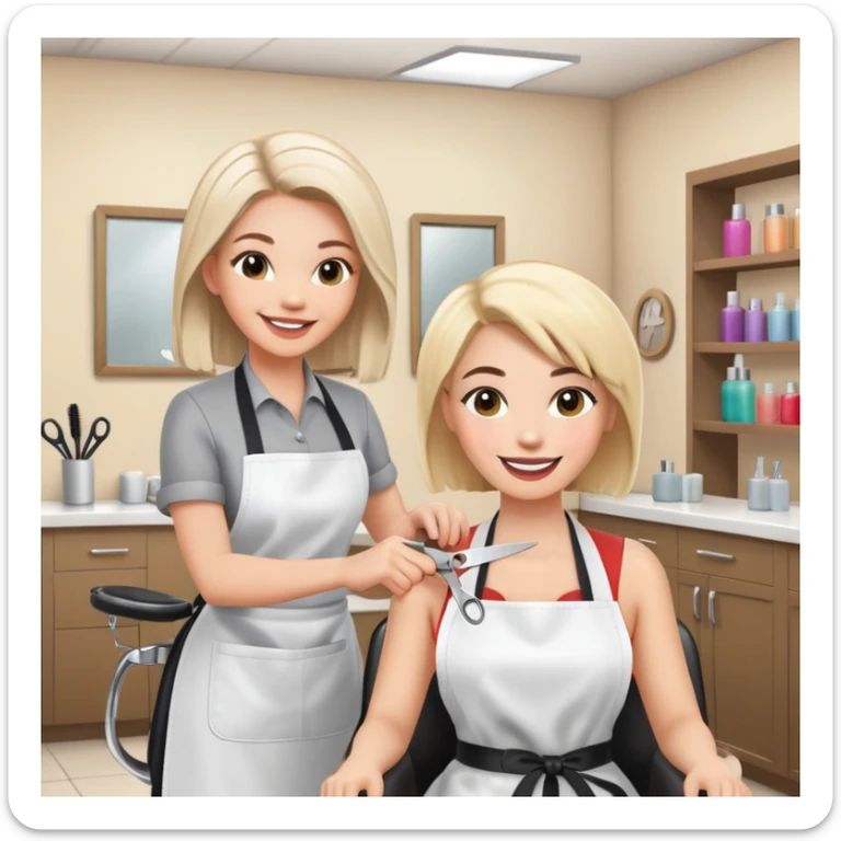 friendly and cheerful salon scene with a woman client smiling in chair wearing an apron and a female hairstylist smiling behind her holding scissors, bright and positive atmosphere sticker