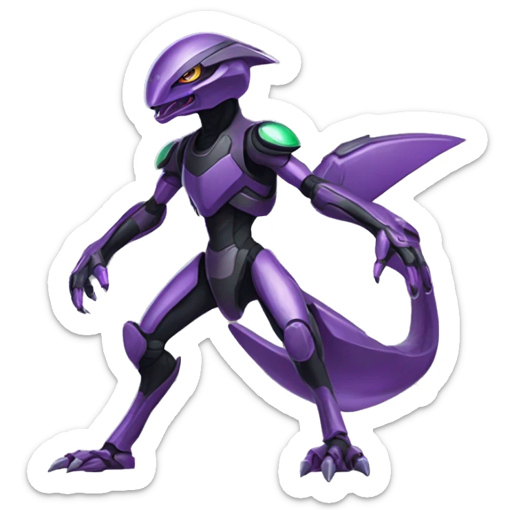 a shiny black-purple-green Genesect-Raptor-Fakémon—hybrid with a futuristic visor-helmet full body sticker