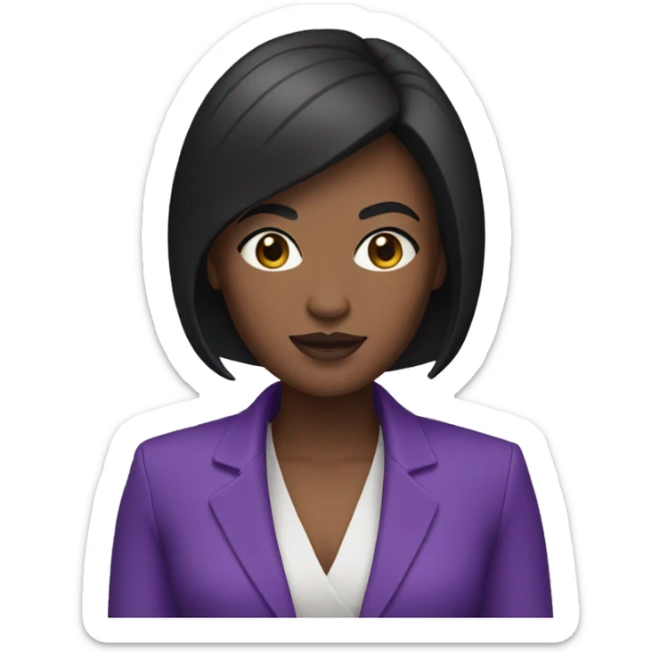 memoji, a woman with dark black buzz cut hair,  dark skin, wearing a purple blazer sticker
