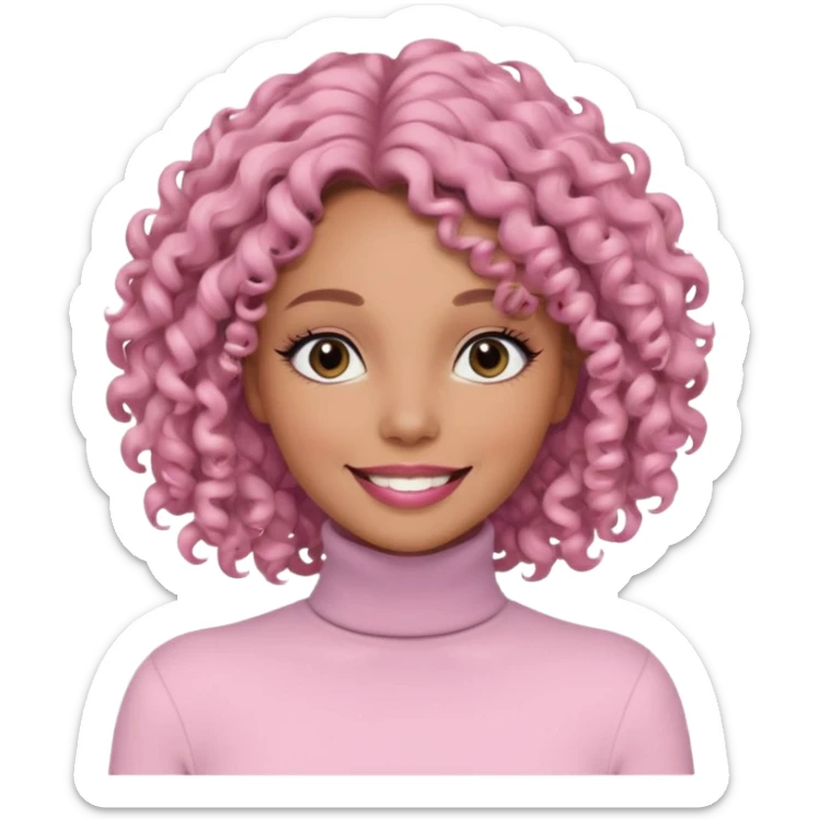 a woman with white long sleeve turtle neck top and smile, her hair is long curly and the color is black, her eyes color are black and the color of her lip is soft pink sticker