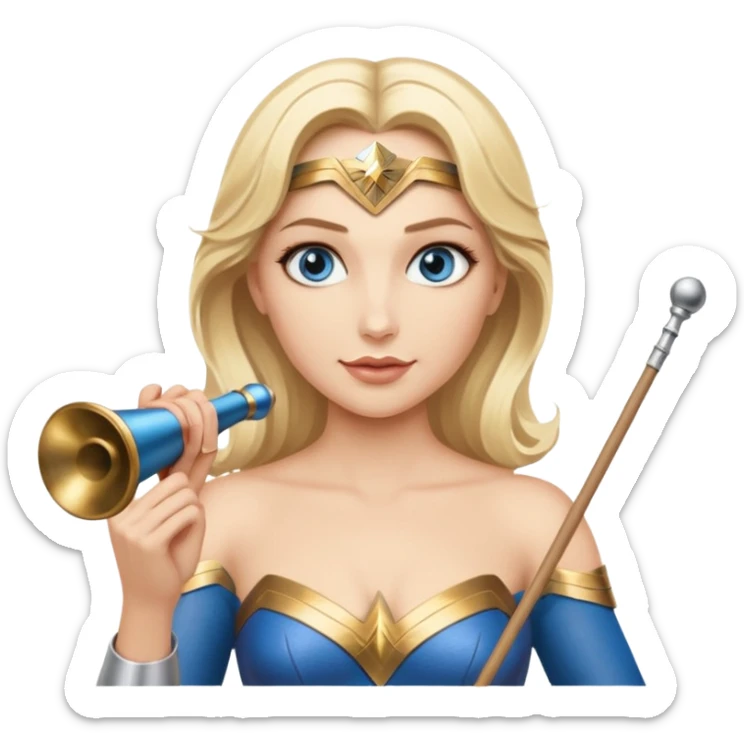 Blonde blue eyed Wonder Woman holding white orchestra conductor’s baton and bell sticker