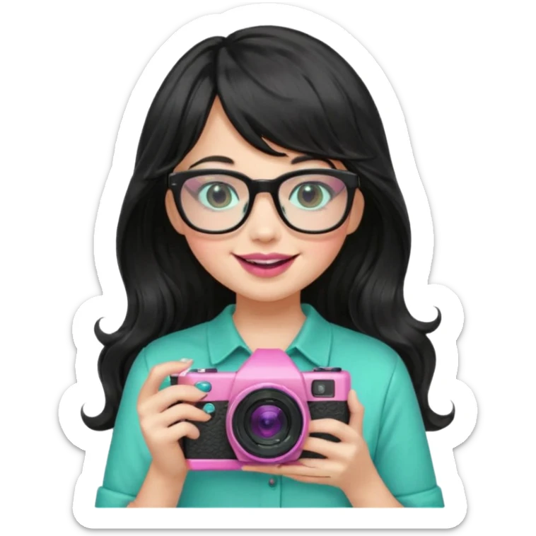 menina de cabelos pretos longos e ondulados, franjinha, óculos de grau preto, gloss rosa nos lábios, segurando uma câmera verde água, sorrindo sem mostrar os dentes, camisa verde musgo claro, emoji style sticker