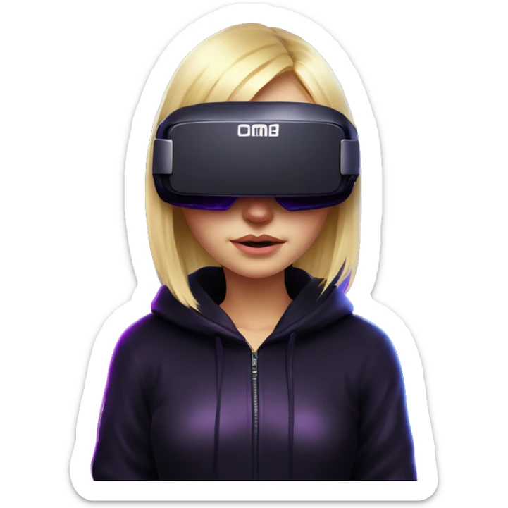 Russian cute blond girl wearing black hoody with violet letters "OMG", in vr headset. Cyberpunk style. Violet neon. sticker