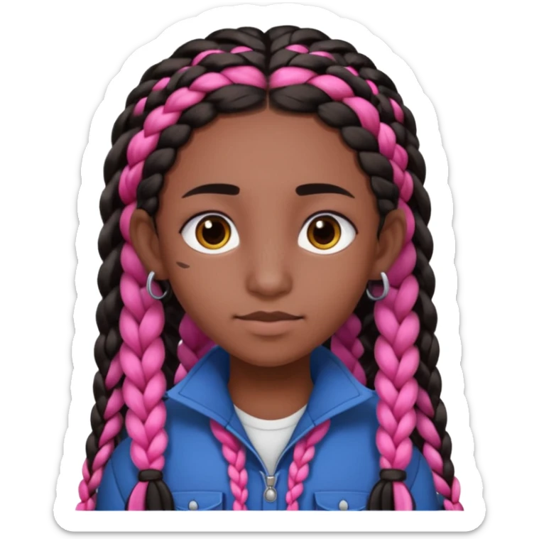 arikan, dark long hair whit pink 
and black braids. brown skin, smal round face and a big nose sticker