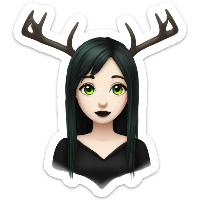 gothic girl, pale skin, green eyes, black dreadlocks, bangs, black clothes, eyeliner, deer antlers  sticker