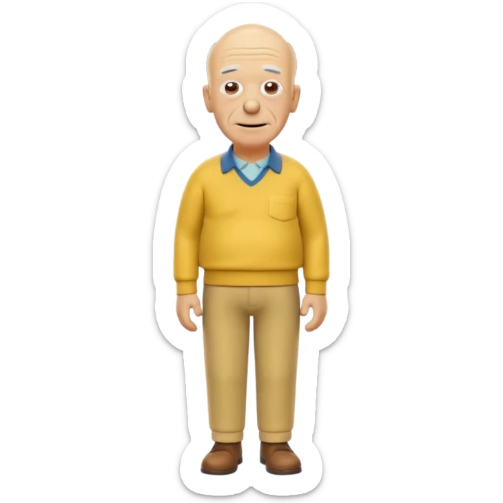 A 3D cartoon elderly man entirely yellow, styled like Grandpa Simpson, bald head with few hair strands, wrinkled face, yellow shirt and trousers, kind smile, cinematic Memoji-style render matching other Simpsons characters. sticker