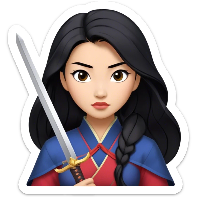 Cinematic Realistic Mulan Portrait, depicted with lifelike skin texture, soft natural lighting, and intricately detailed long black hair styled elegantly. Her deep, expressive eyes exude determination and grace, complemented by a serene yet confident expression. She stands with one hand resting on the hilt of her sword, the other by her side, exuding strength and poise. She is dressed in her classic attire, with rich fabric textures and delicate folds that catch the light beautifully. The portrait features a soft, enchanting glow with a natural, radiant finish, capturing the essence of timeless strength and beauty in a realistic and painterly style, evoking a sense of depth and authenticity. sticker