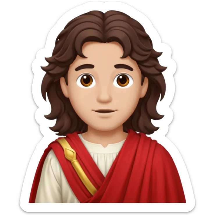 Adonis from The Olympians with long dark brown wavy hair, red toga sticker