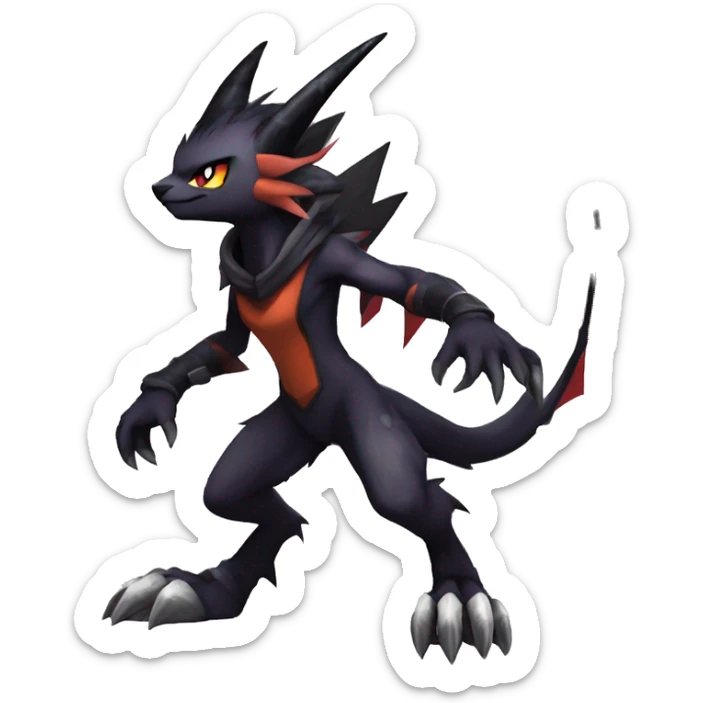 Cool Anthro Black Noivern-Absol-Litten-Pokémon with edgy stripes hoodie spiked collar punk Full Body sticker
