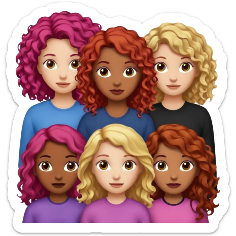 5 girlsone curly redhead, one with brunette dyed blonde hair, one long haired wavy brunette, one mid-length haired brunette, and one black haired girl with partially dyed bright red/pink hair sticker