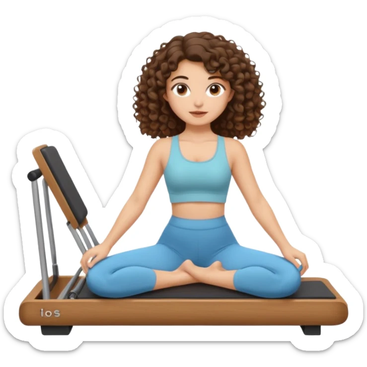 brunette,curly hair shoulder lenght,turkish 3b girl doing reformer pilates with cute set, sticker