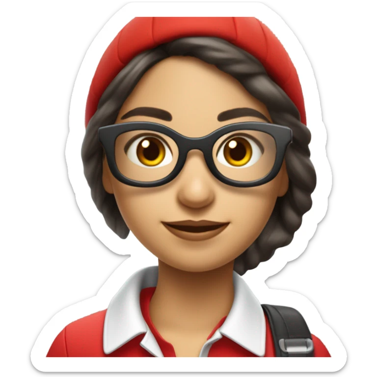 Chica morena, con gafas de aviador, con un polo rojo y un indicador con el logo de Vodafone  sticker