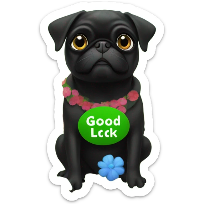 Black pug , sitting in flowers, holding a green sign that says “good luck”  sticker