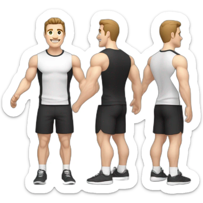 Joyful Pale skinned Fit Man With the biceps and dark brown hair in black shirt, gray sports shorts and white Sneakers sticker