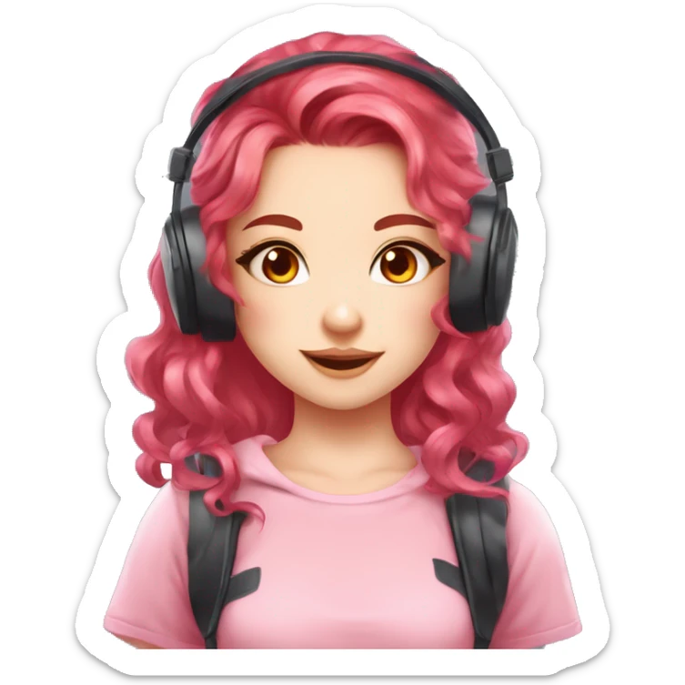 fair skin gamer girl with red wavy hair gamingheadset pink kawaii gamer shiny blushing cute girl gamer sticker