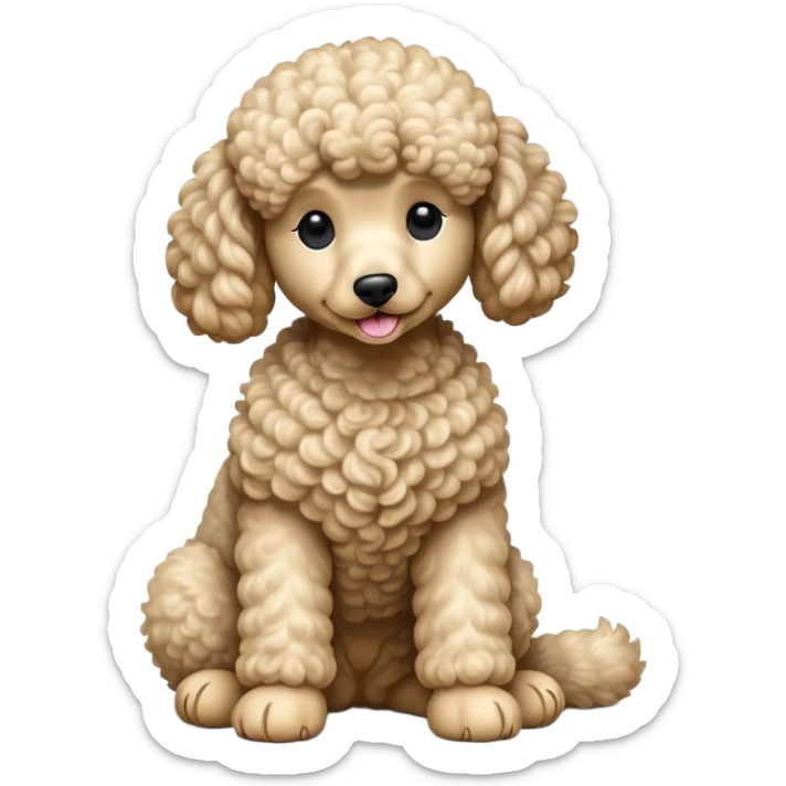 cinematic-[poodle]-realistic-full-body-sitting-emoji,-tail-resting-loosely-beside-its-paws,-head-tilted-dramatically, -curly-[cream]-fur,-simplified-yet-realistic-focused-features,-highly-detailed,-glowing-with-an-almost-sarcastic-glow sticker