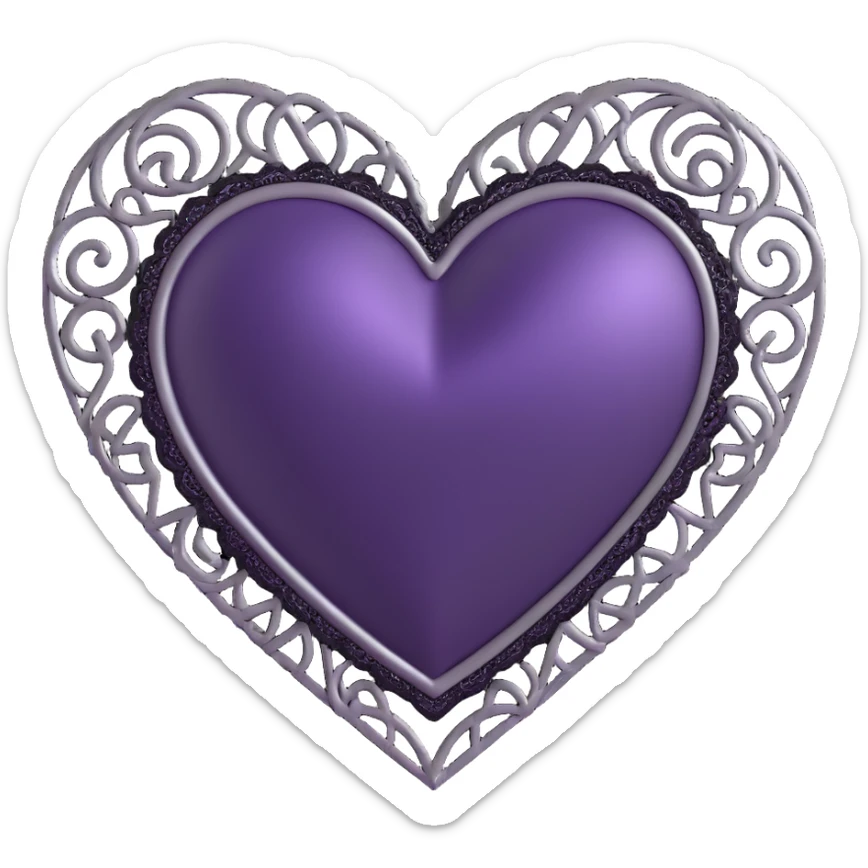 3D emoji gothic heart, deep purple satin, ornate silver filigree, black lace trim sticker