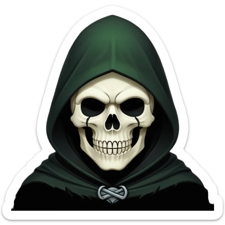 Icon of the Grim Reaper's face. His skull is stylized, his hood is tattered. He is [например: winking with a sly grin]. Clean, flat vector art, high contrast. Stylized as a modern logo or a medieval woodcut. Strictly black and white with one accent color like dark moss green or deep crimson.  sticker