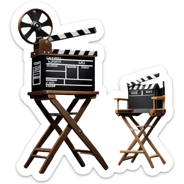 Icon for Directing: a director's chair, a film clapperboard, large movie camera and a stage with a spotlight. The icon should represent the creative and organizational aspects of directing, with focus on storytelling, staging, and performance. Transparent background. sticker