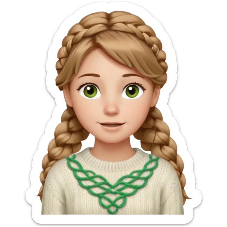 light brown hair blonde hair hazel/green eyes woman with a white cable knit sweater and one braid down her back  with tendrils of hair flowing down her face and she is happy pale, some freckles, blush. she has a cateye wing and long lashes sticker