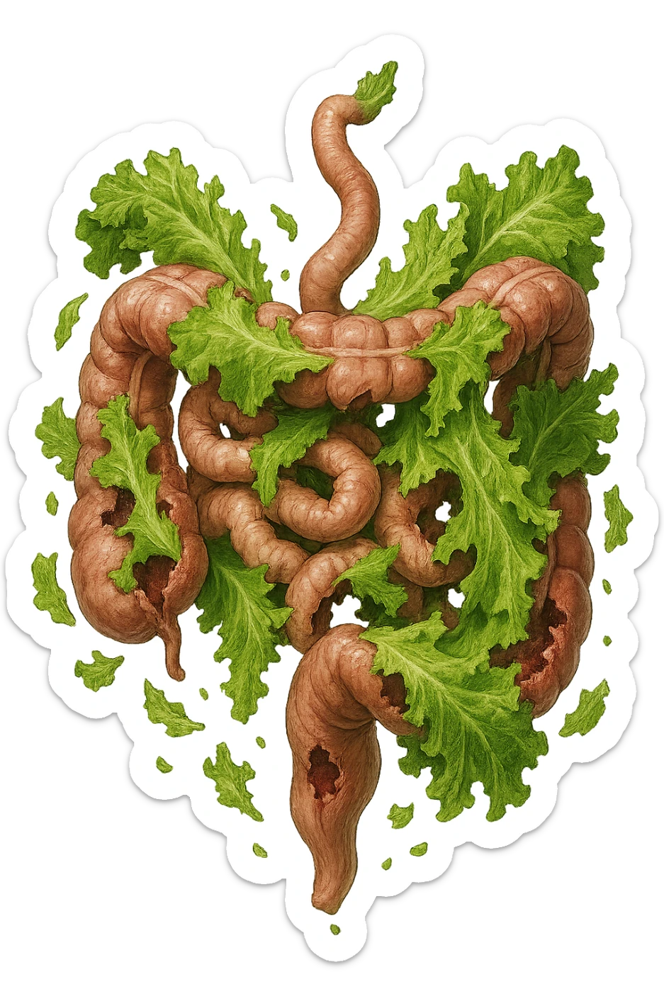 foglie di insalata che attaccano un intestino anatomico umano per distruggerlo sticker