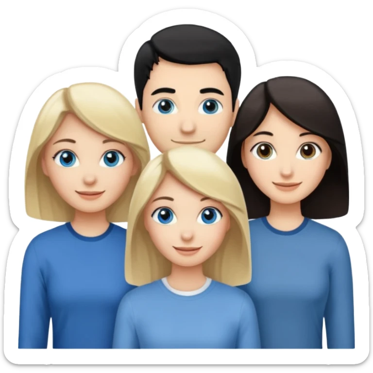 Blond woman with blue eyes on left. And a Man with black hair and grey eyecolor in the middle. And a blank woman with brown hair and grey eyes on the right. Happy together sticker