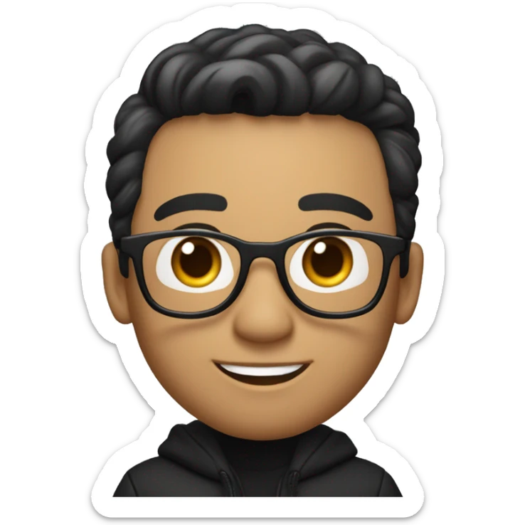 memoji of a man with a laptop in front, apple-style, fair white skintone, black jacket or hoodie,modern,wearing spectacles,black hair,black sweater,computer in hand,sitting on his desk sticker
