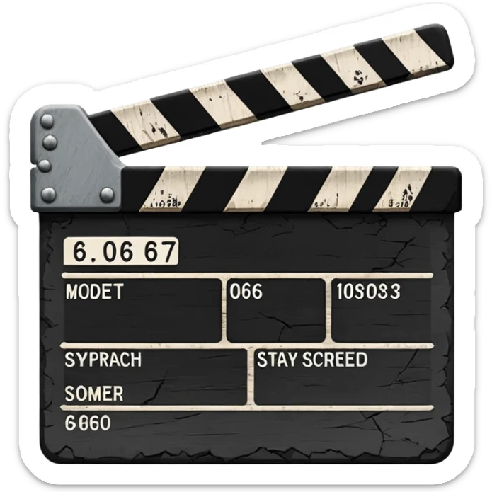 Minimalist emoji-style sticker of a cracked movie clapperboard with the date “06/06/66”, faint scorched marks, all in grayscale


 sticker
