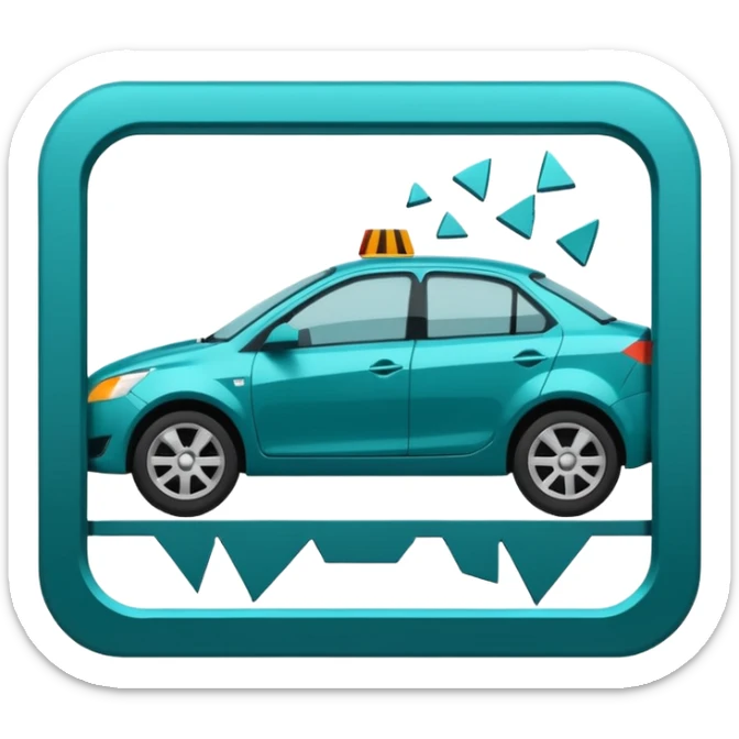 Minimalist pictogram of a car crash test, 2D icon, impact symbol, safety verification, simple vector art, [teal] on [black] background sticker