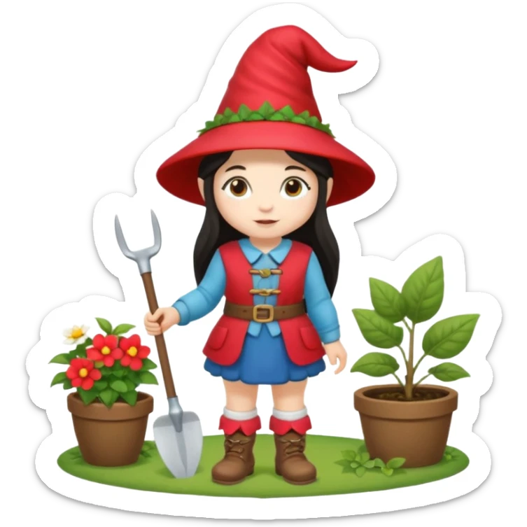 Cute garden girl gnome with long dark hair and full body sticker